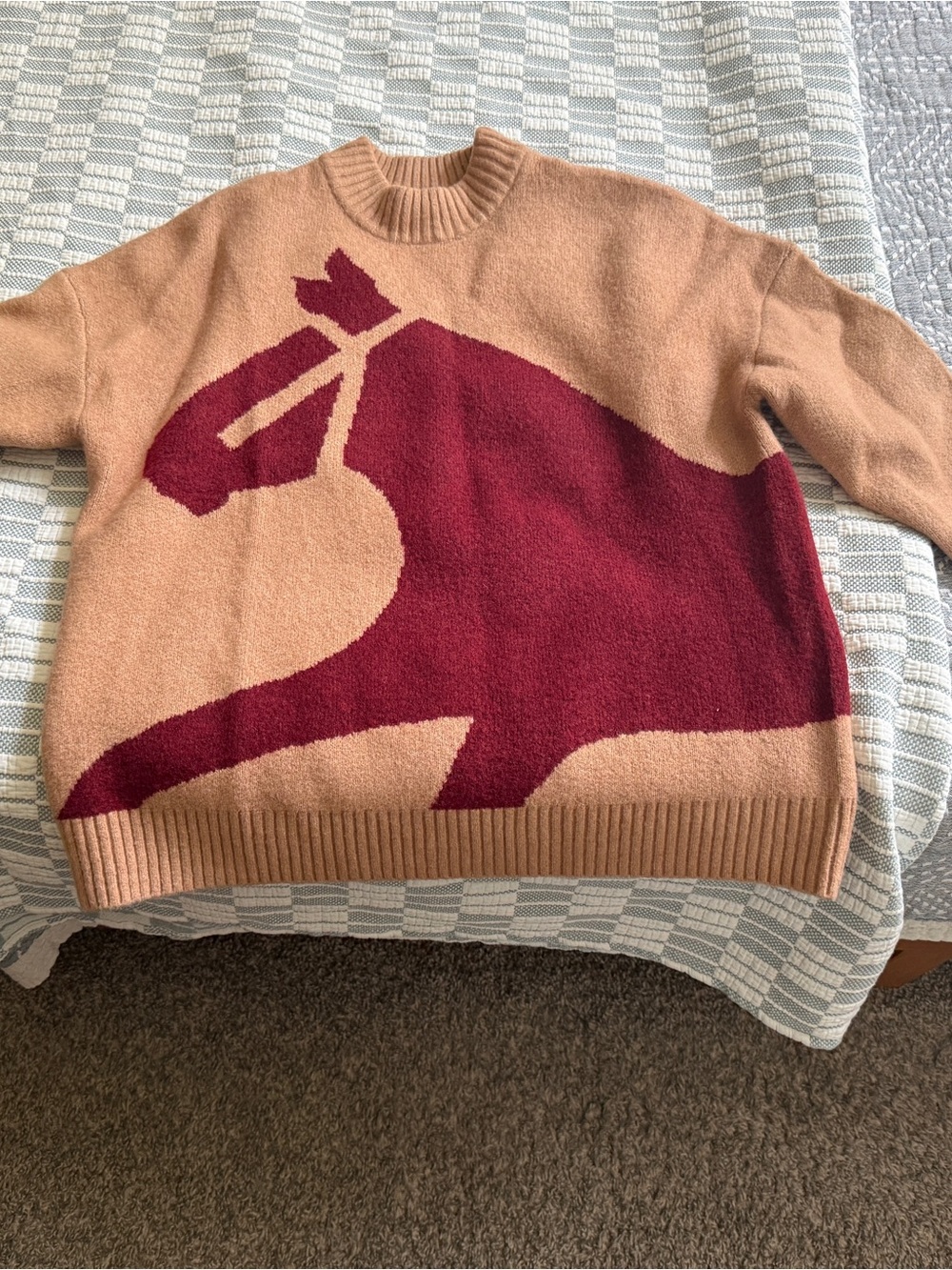 Camel and Burgundy Horse Knit Sweater